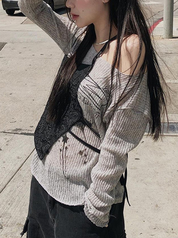 Cat Off Shoulder Oversized Long Sleeves Tee