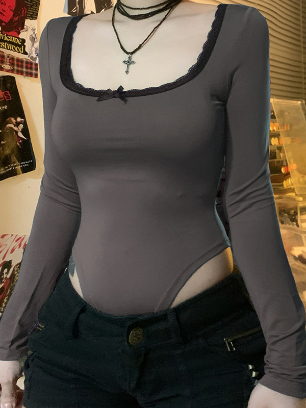 Lace U Neck Bow Long Sleeve Bodysuits