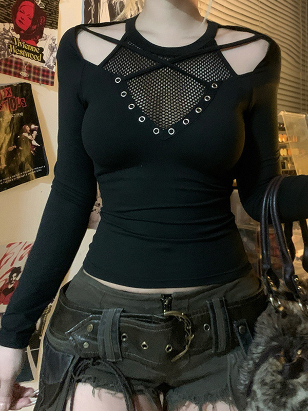 Grid Cross Stitching Long Sleeve Tee