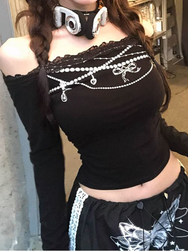 One Shoulder Lace Print Long Sleeve Tee