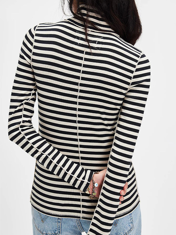 High Collar Striped Long Sleeve Tee