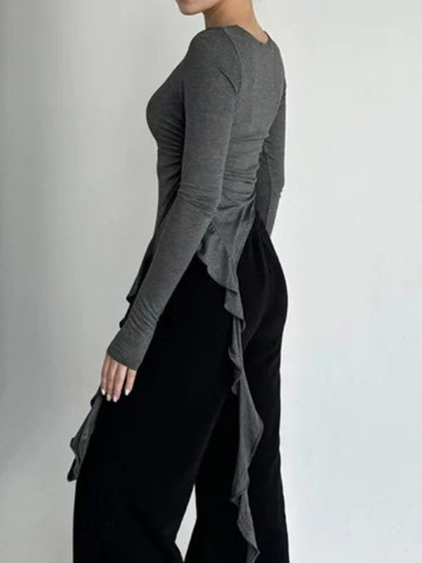 Solid Color Ruffled Long Sleeve Tee