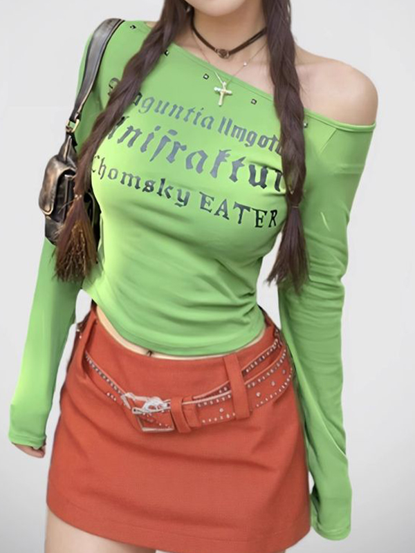 One Shoulder Lettering Long Sleeve Tee