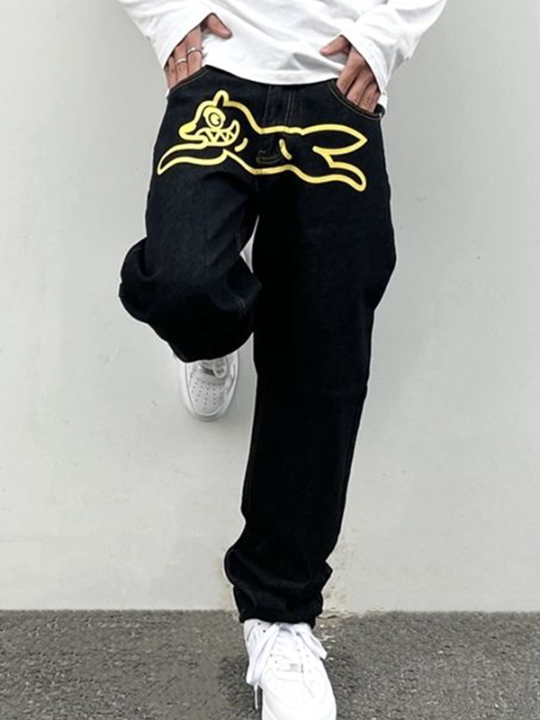 Men’s Flying Dog Print Straight Leg Jeans