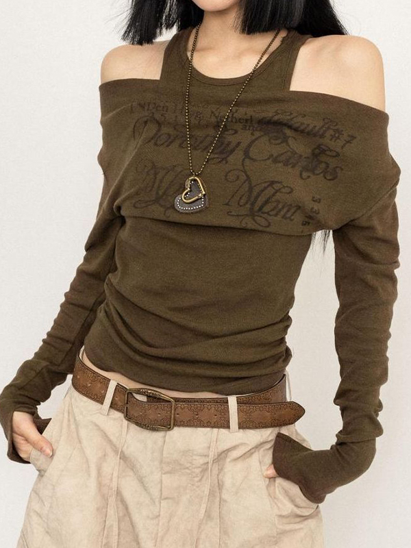 One Shoulder Fake Two Piece Print Long Sleeve Tee