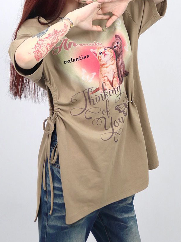 Cat Print Drawstring Oversized Short Sleeve Tee
