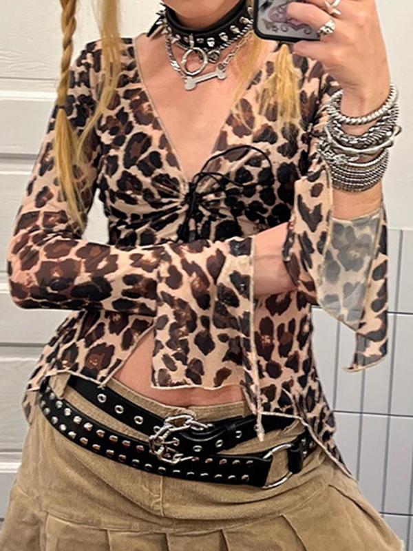 Leopard Print Irregular Long Sleeve Tee