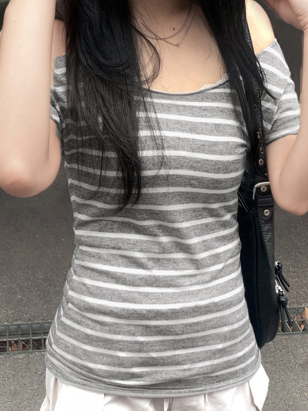 One Shoulder Striped Short Sleeve Tee