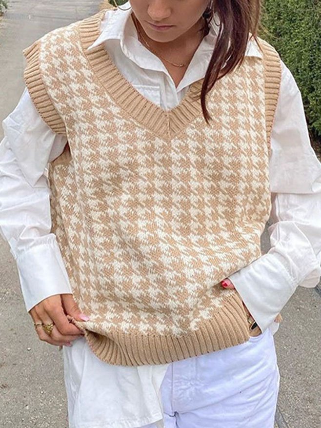 V Neck Houndstooth Sweater Vest