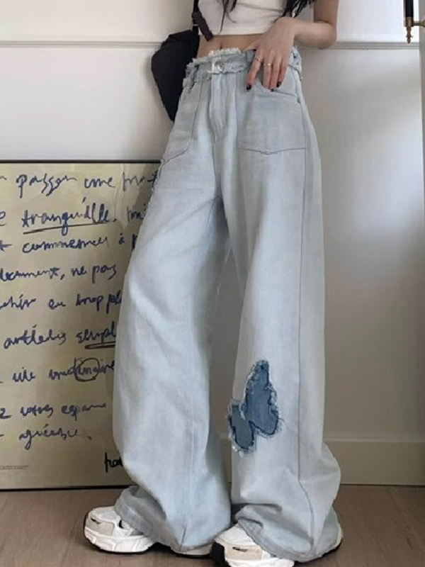 Blue Butterfly High Rise Wide Leg Jeans