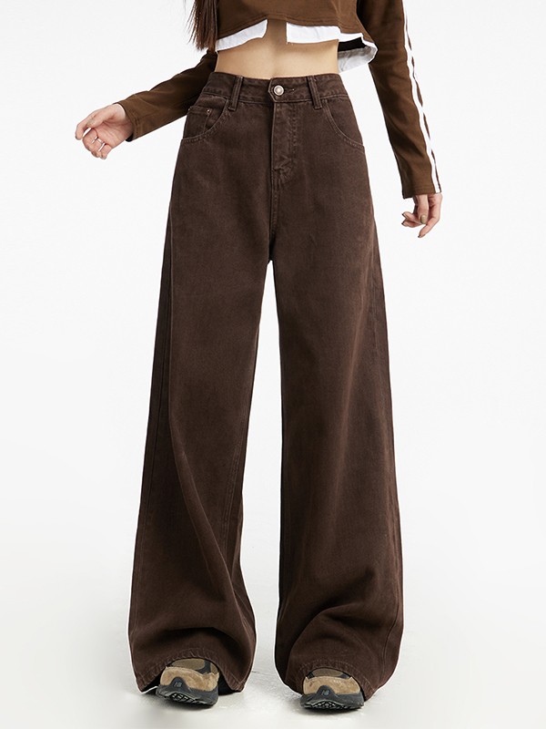 Brown Simple Mid Rise Straight Jeans