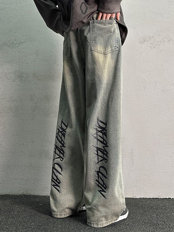 Vintage Yellow Mud Letter Loose Straight Jeans