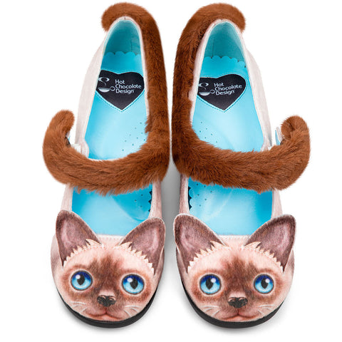 ¿Chocolaticas? Zapatos de tacón medio estilo Mary Jane con diseño de gato siamés para mujer.