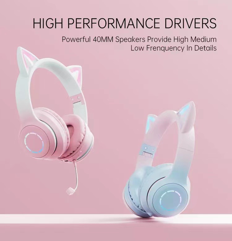 Luminous Gradient Cat Ear Bluetooth Headphone With Mic