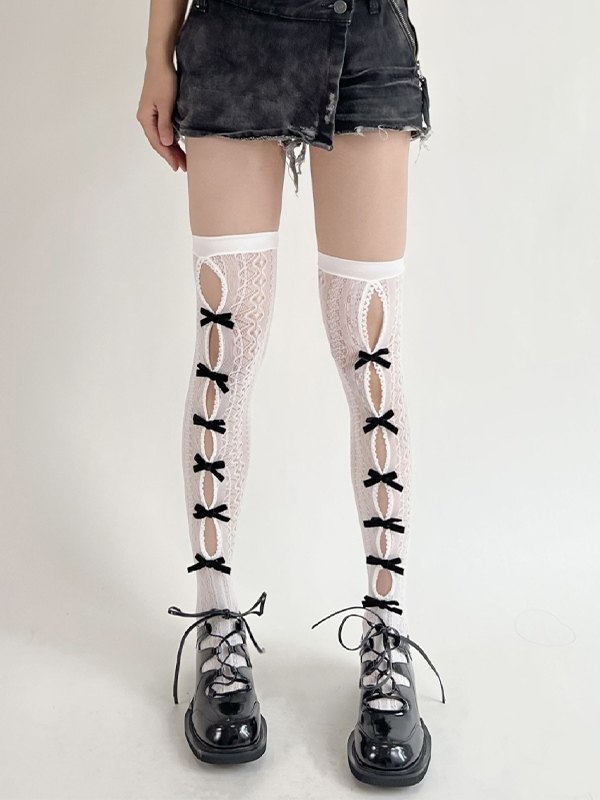 Bow Embellish Cutout Lace Thigh High Socks