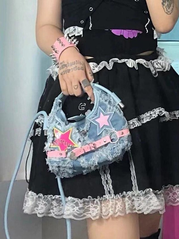 Denim Raw Edge Star Buckled Crossbody Bag