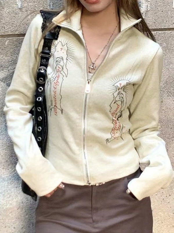 Vintage Print Lapel Neck Zip Up Long Sleeve Knit