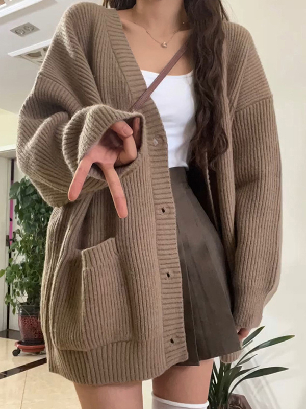 Preppy Solid Color V Neck Baggy Cardigan