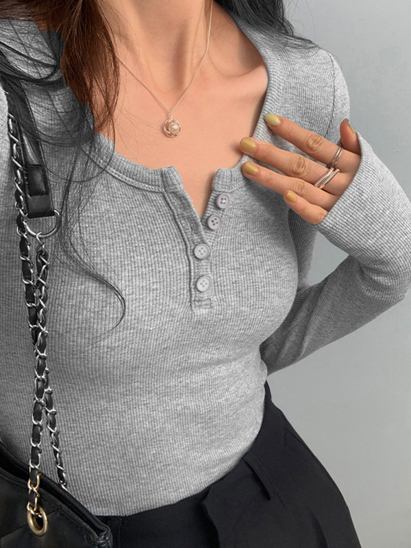 Solid Color Rib High Elastic Breasted Long Sleeve Knit