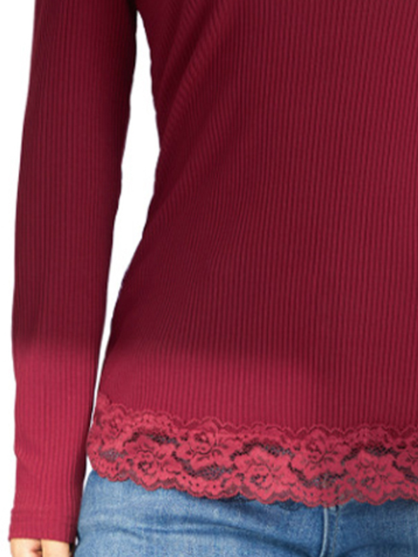 Solid Color Rib Lace Trim Slim Long Sleeve Knit