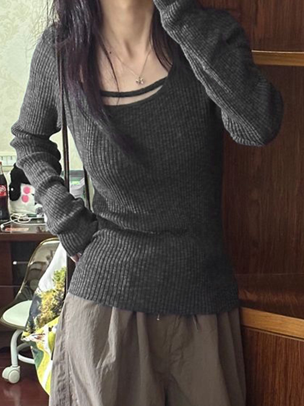 Solid Rib Slim Long Sleeve Knit