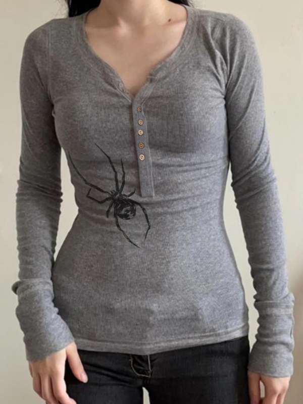 Spider Print Breasted Slim Long Sleeve Knit