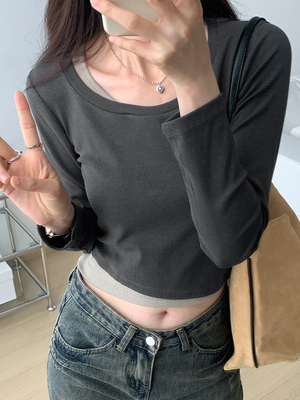 Contrast Color Fake Two Piece Long Sleeve Knit