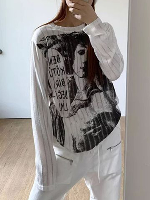 Cutout Portrait Graffiti Print Long Sleeve Knit