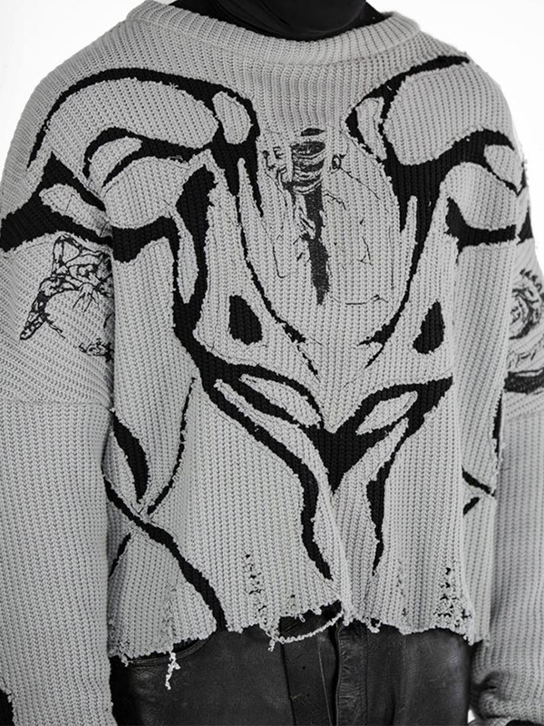 Men’s Street Abstract Jacquard Ripped Sweater