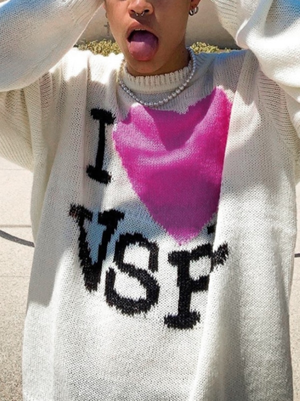 Men’s Letter Heart Jacquard Crew Neck Knit Sweater