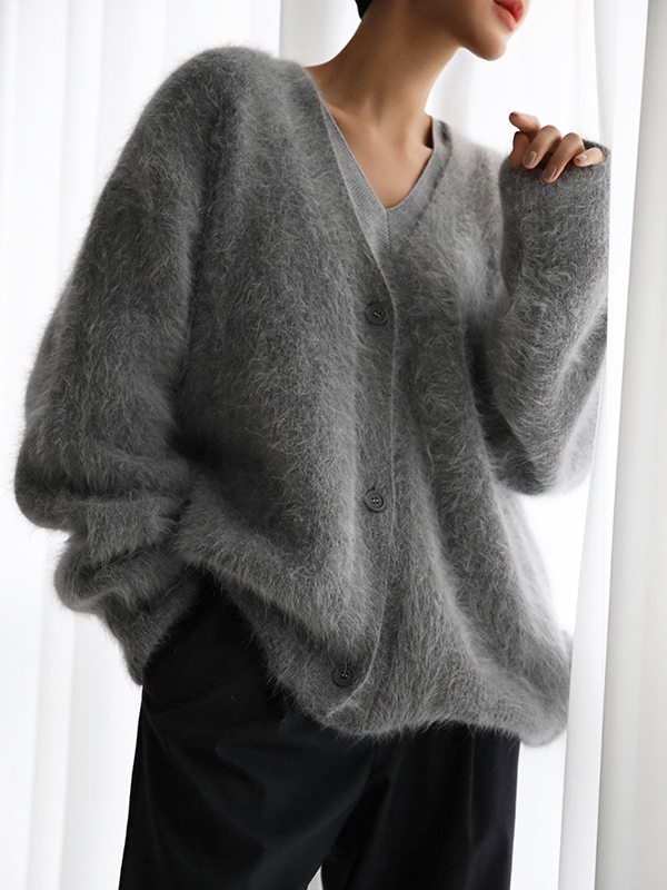 Fuzzy V Neck Loose Cardigan Sweater