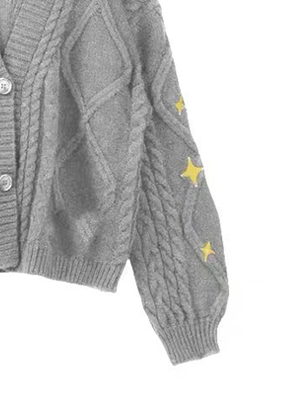 Star Embroidered Print Cable Knit V Neck Cardigan