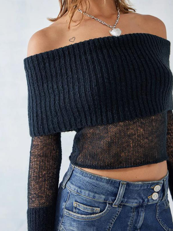 Off Shoulder Splice Thin Long Sleeve Knit