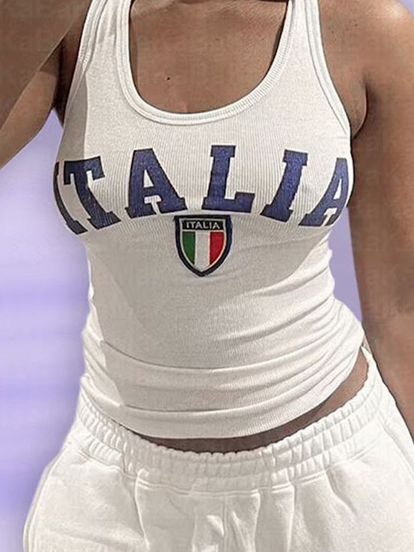 Letter Print Embroidery U Neck Tank Top