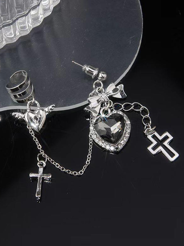 Punk Cross Heart Bow Charm Chain Cuff Earring