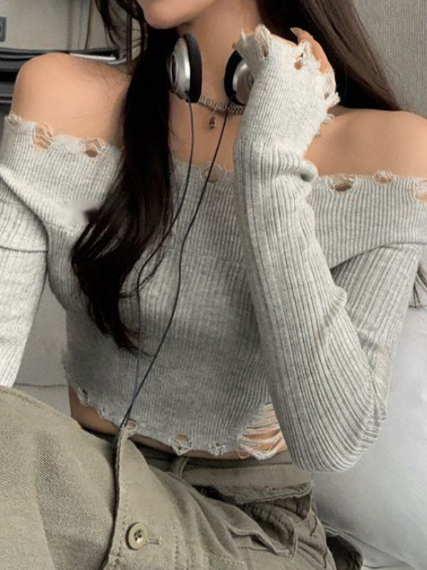 Solid Tattered Off Shoulder Long Sleeve Knit