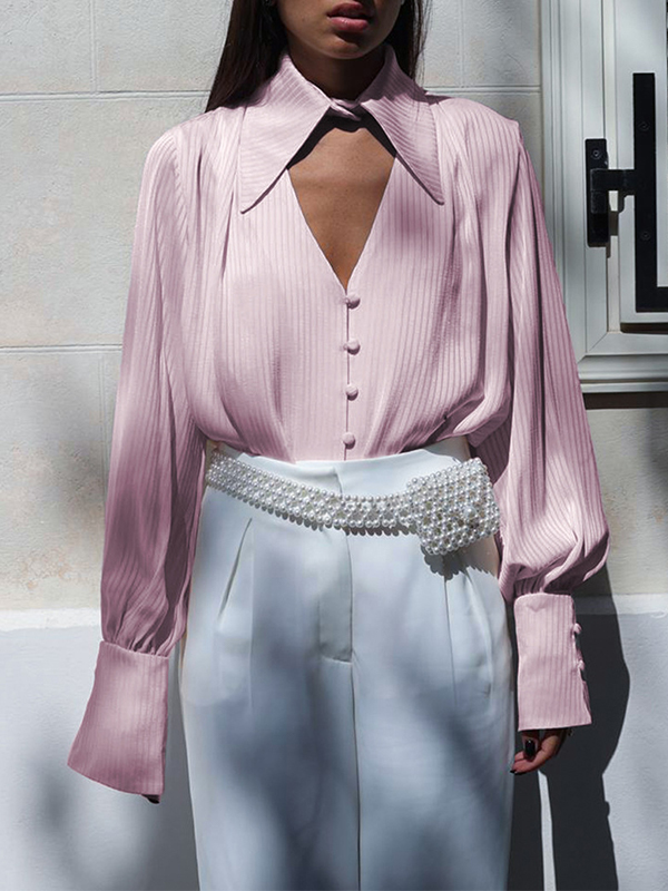 Pinstripe V Neck Breasted Long Sleeve Blouse