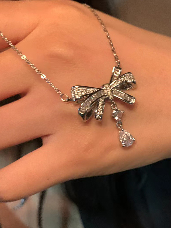 Rhinestone Bow Drop Necklace