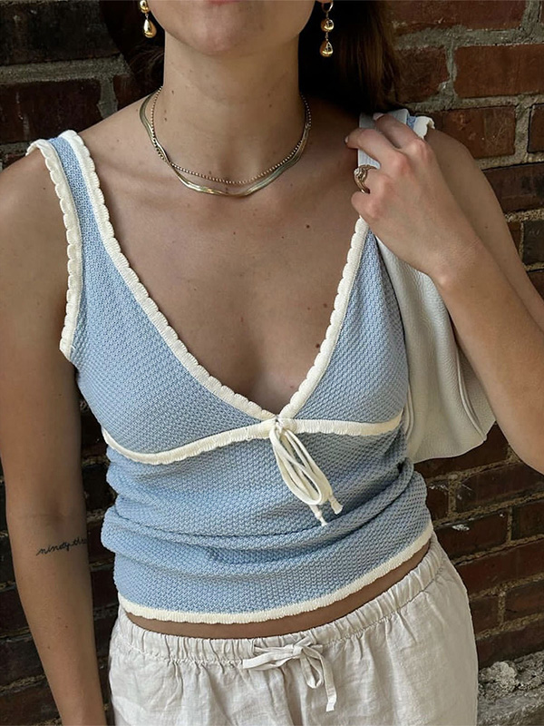 Contrast Color Stitching V Neck Bow Tank Top