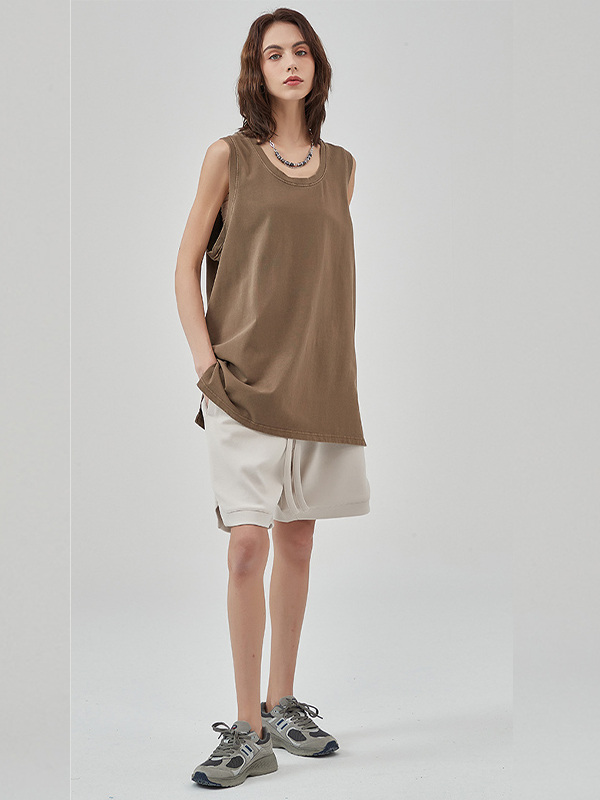 Washed Distressed Hem Slit Tank Top