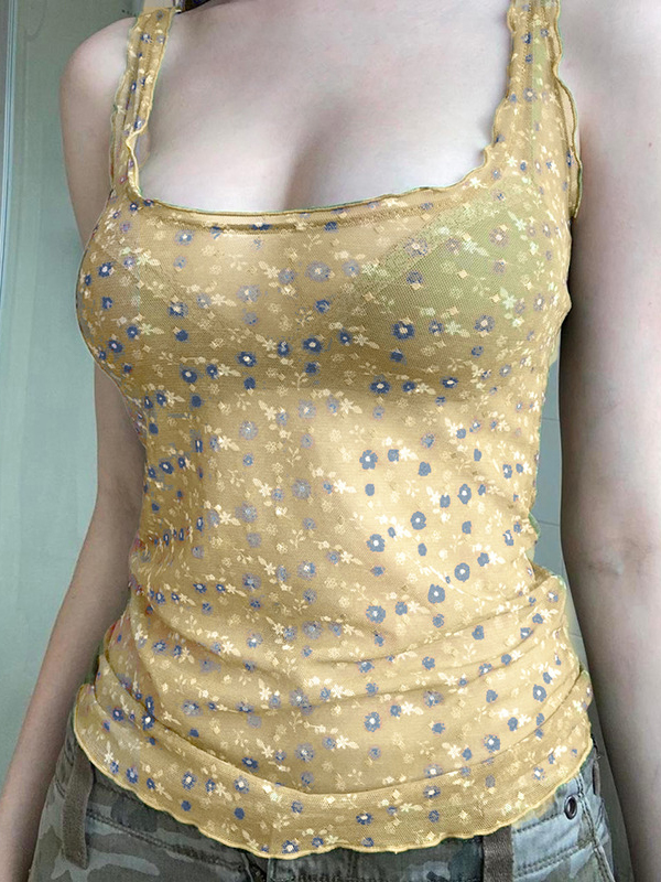 Mesh Floral See Through Square Neck Tank Top
