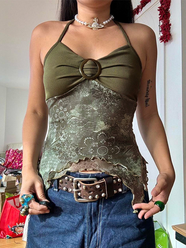 Retro Ethnic O-Ring Backless Halter Vest