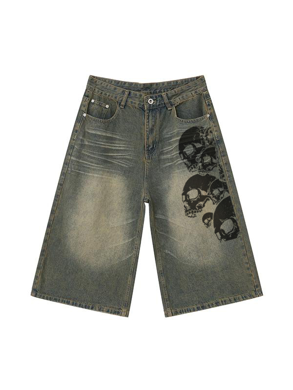 Men’s Skull Print Loose Casual Denim Shorts