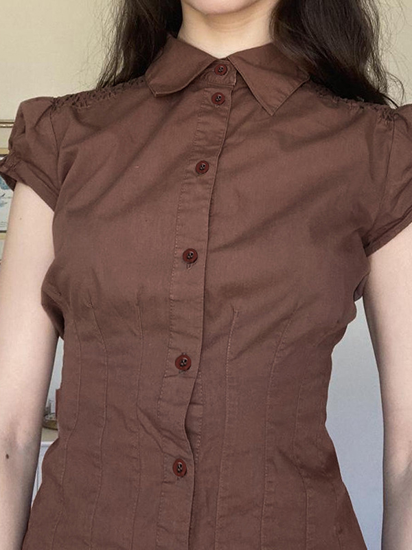 Solid Color Slim Fit Pleated Casual Short Sleeves Shirts